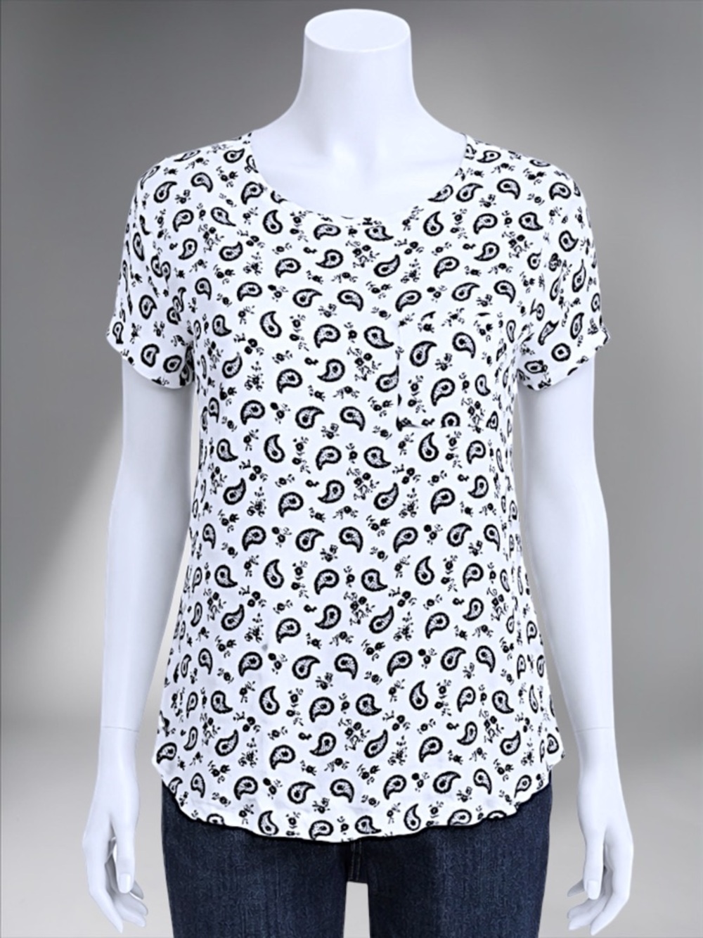 Black Paisley Print Short Sleeve Women's Top - White